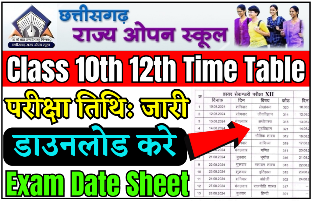 CG Open School 10th 12th Exam Time Table