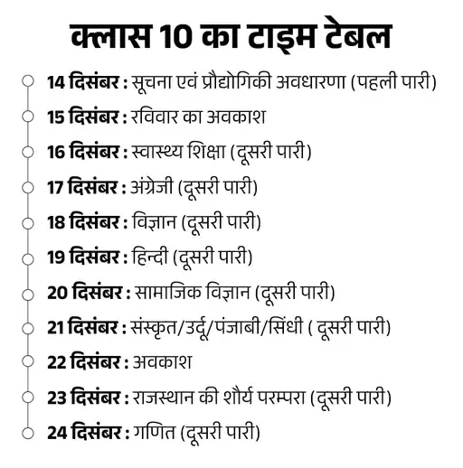 Rajasthan Board 10th Class Half Yearly Time Table 2024