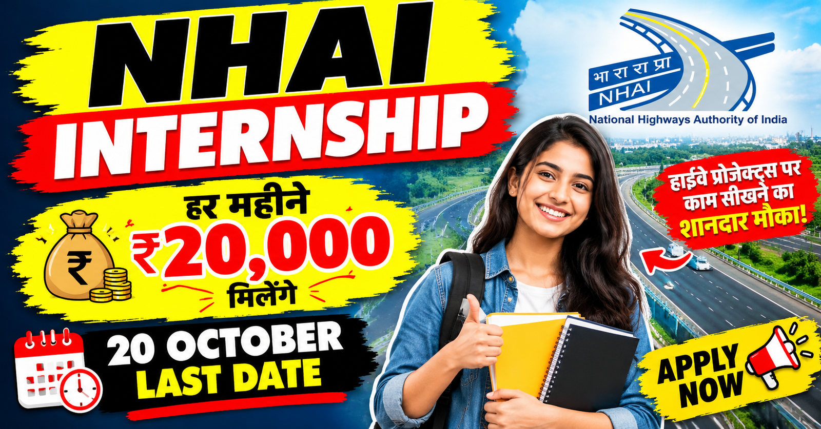 NHAI Internship 2026 har mahine ₹20000 milenge 20 october tak mouka jaldi kare aavedan