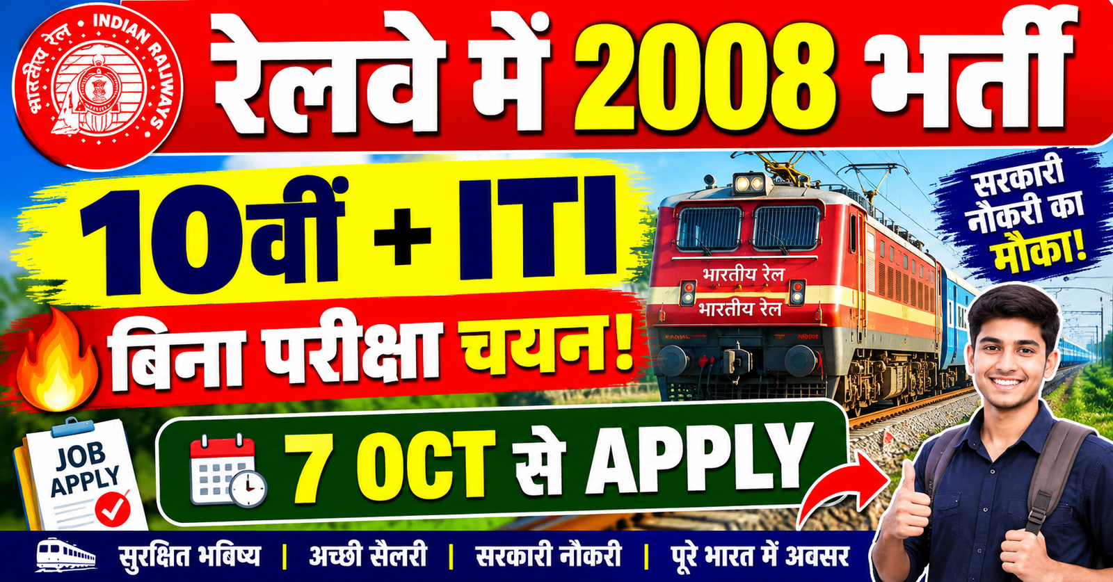 railway me 2008 Apprentice bharti 10th paas ko mauka bina pariksha hoga chayan